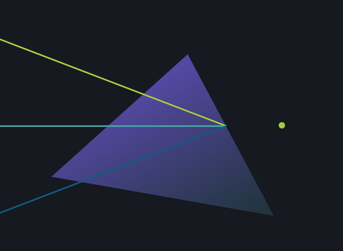 Triangulation: a translucent purple triangle with a lime, a teal and a blue ray meeting at its point, and a lime marker beside it, on black
