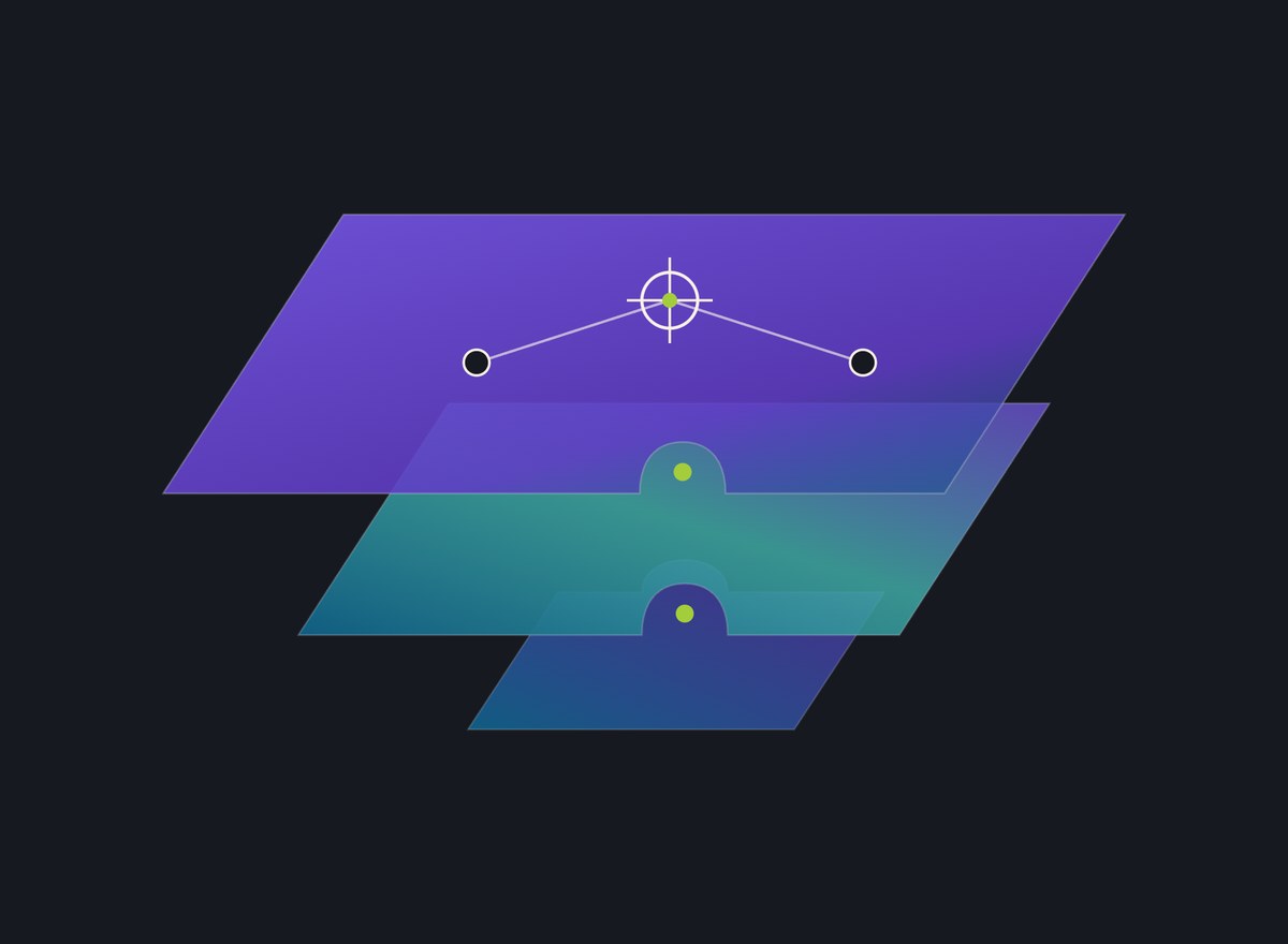 AI technology stack: three interlocking strata, a blue data foundation, a wider teal automation layer and the widest purple team layer with three connected points, on black
